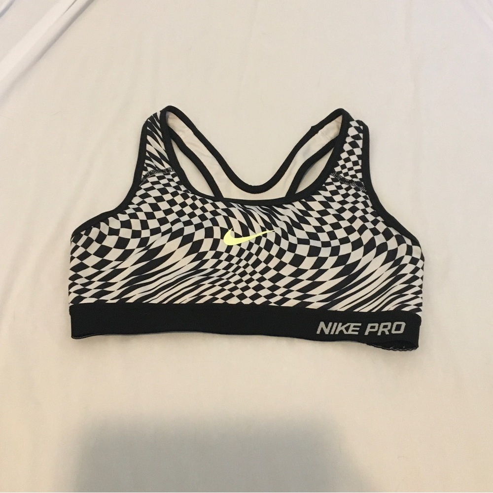 Nike Pro black and white checkered sports bra with neon swoosh